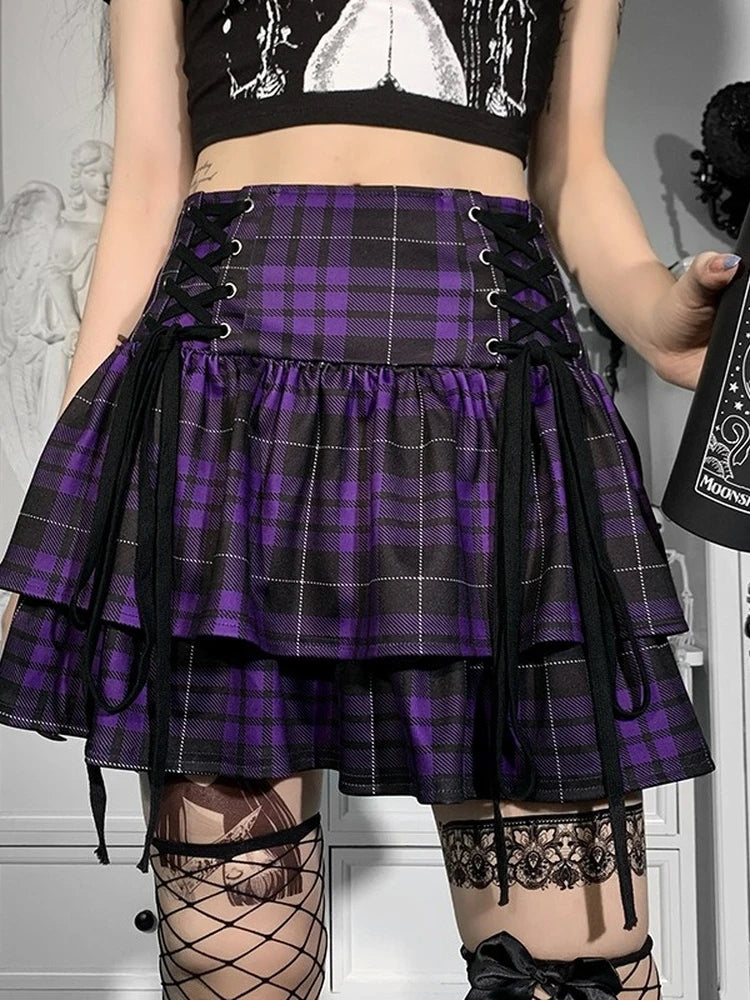 Vintage Y2K Punk Sexy High Waist Mini Skirts Purple Plaid Bandage Harajuku Aesthetic Skirt Goth Grunge Cake Skirt Streetwear - reetell