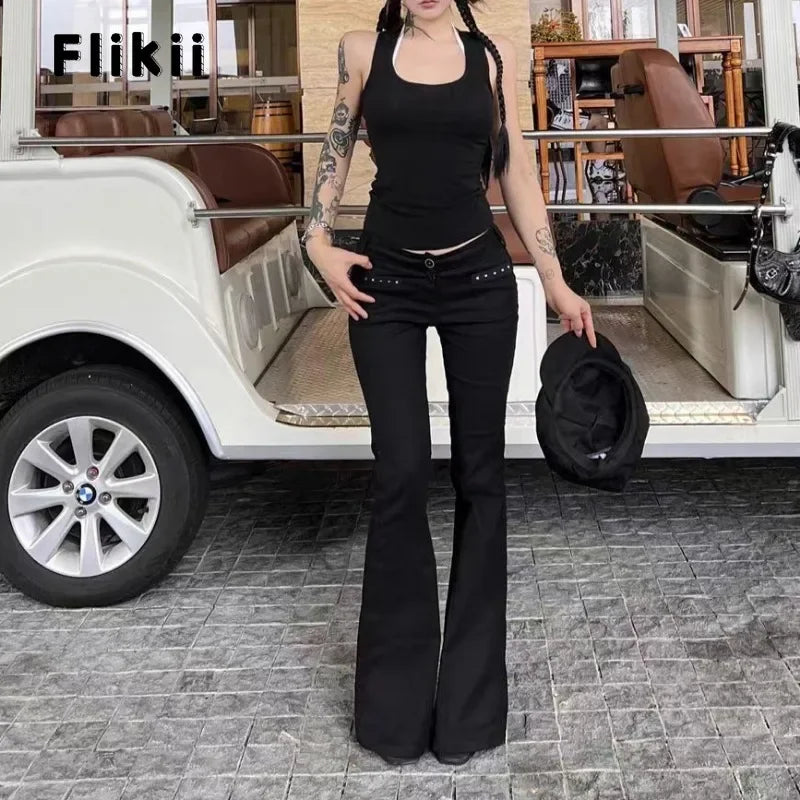 2024 Autumn Hotsweet Sheath High Waist Flared Jeans Female Retro Black Y2K Pants Women's Vintage Slim Sexy Style Denim Trouser - reetell