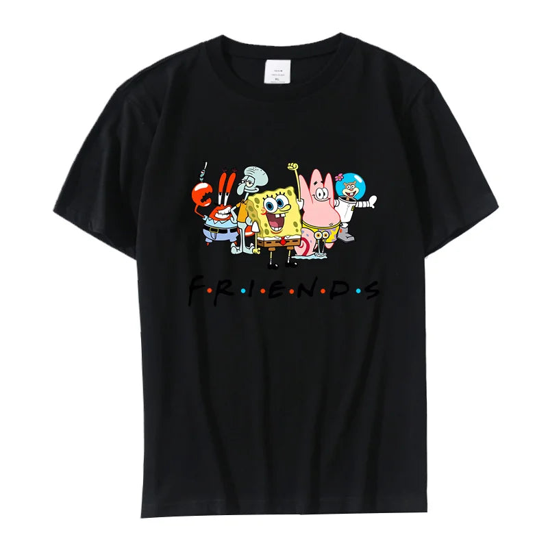 Men T-shirt Cartoon Sponges-bobs Print Cotton Women Girl Tops Casual Female Short-sleeved White Round Neck Oversized T-shirts - reetell