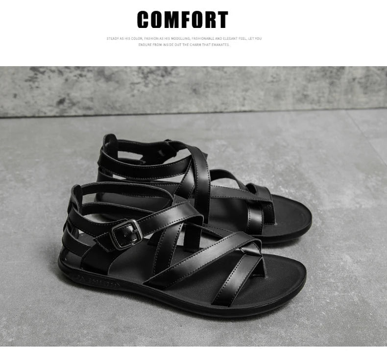 Rome Style Men Leather Sandals Cross Strap White Solid Men 2022 Summer Beach Shoes Size 38-45 Daily Casual Outdoor Driving