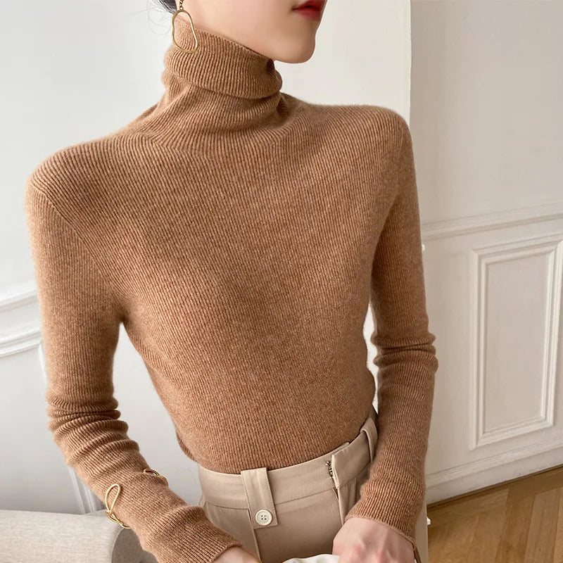 Women Sweater Winter Cashmere Turtleneck Warm Knitwear Korean Casual Solid Bottoming Shirt Fashion Knit Pullovers Brown Sweater - reetell