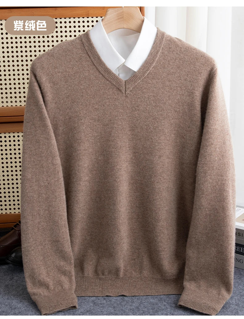 Men 100% Merino Wool Sweater V-Neck Pullover Autumn Winter Cashmere Warm Solid Knitwear Clothes Business Bottoming Soft Tops - reetell