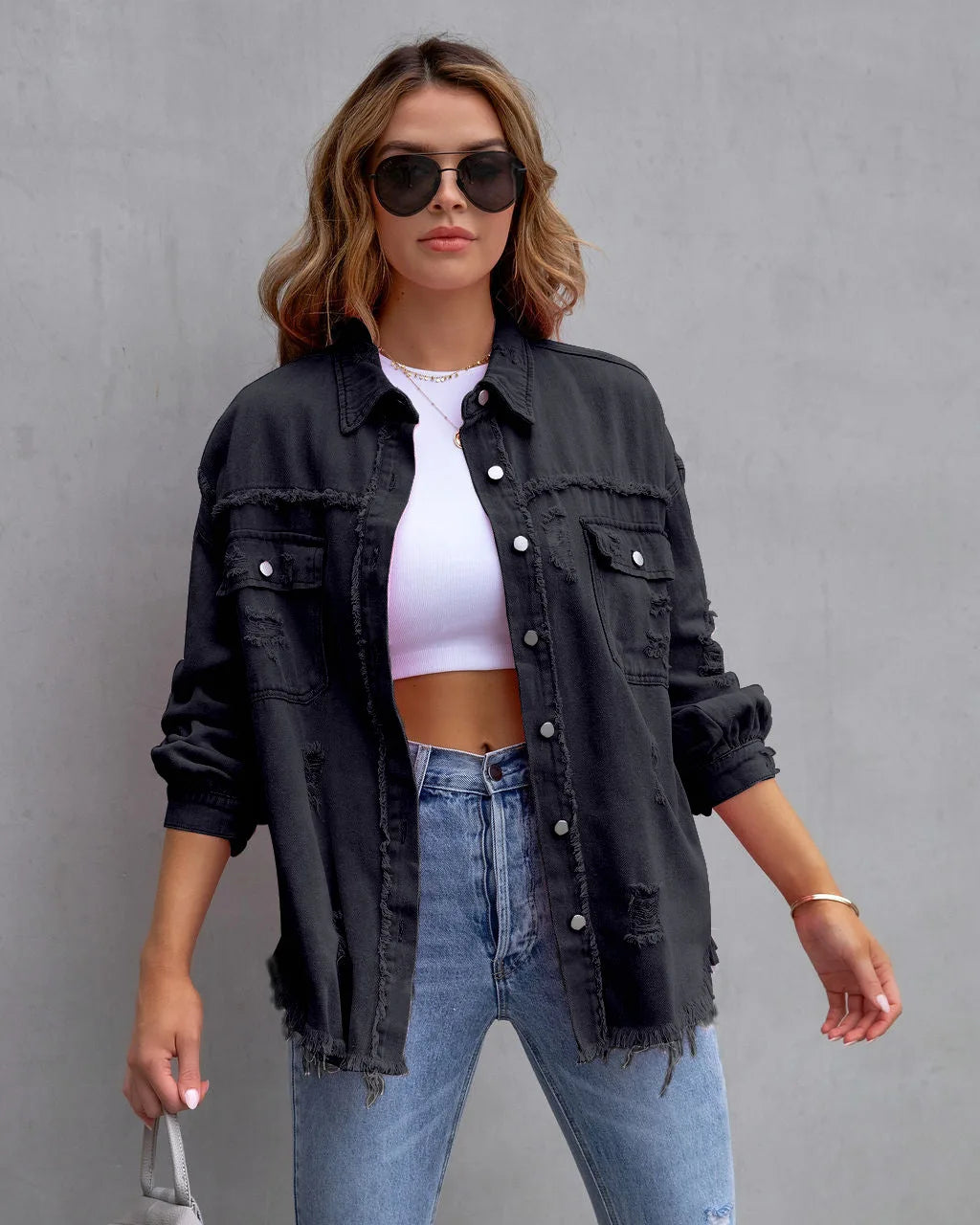 Women's Casual Lapel Mid-length Denim Jacket with Ripped Raw Edges