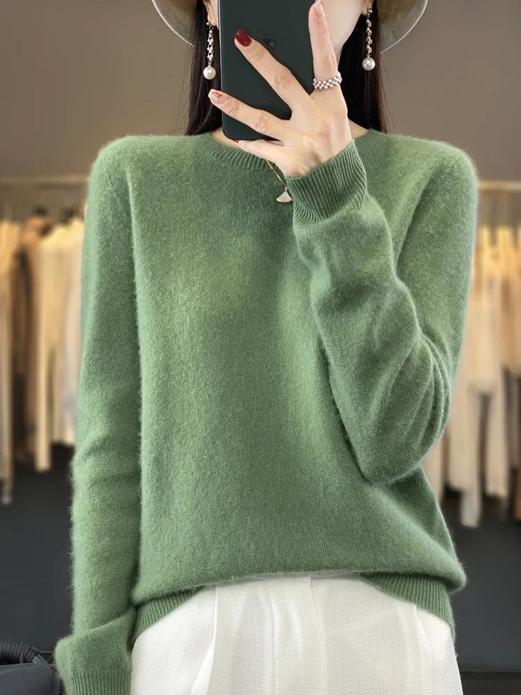 100% Merino Wool Sweater Women  Cashmere Pullover Knitwear Autumn Winter O-neck Solid Color Fashion Basic Female Clothes Tops - reetell