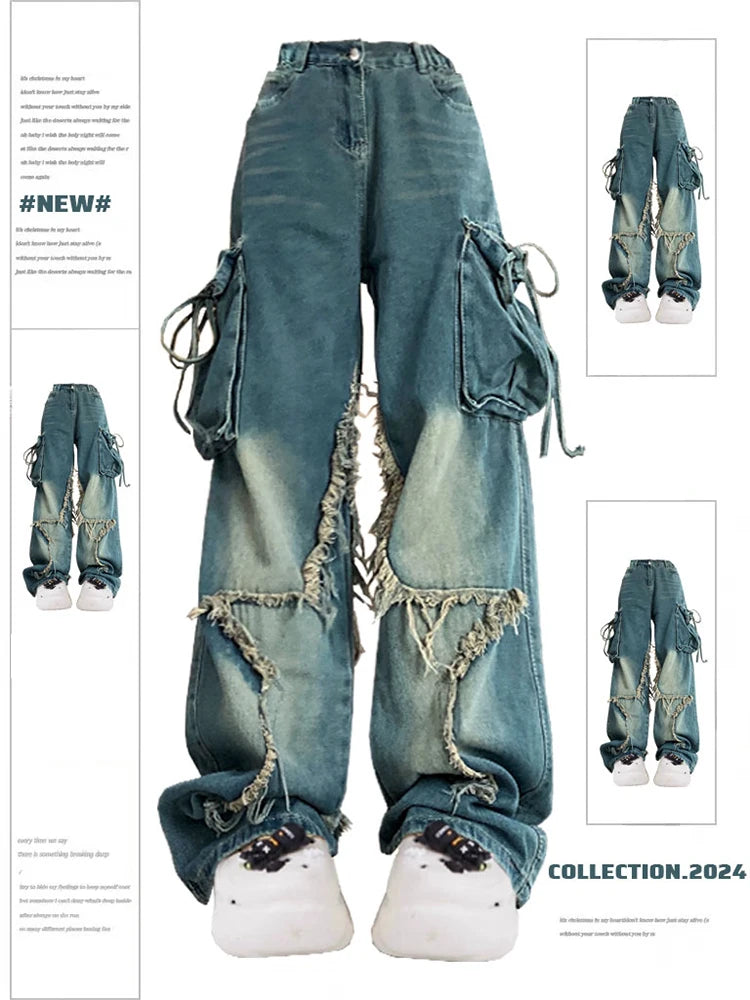 Women Blue Cargo Jeans Baggy Vintage 90s Aesthetic High Waist Cowboy Pants Harajuku Denim Trousers Y2k Trashy 2000s Clothes 2024 - reetell