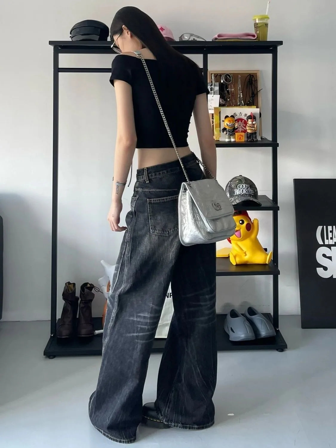 HOUZHOU Grunge Y2k Black Jeans Women Baggy Vintage High Street Oversized Denim Trousers Gothic Gyaru 2000s Acubi Fashion Jeans - reetell