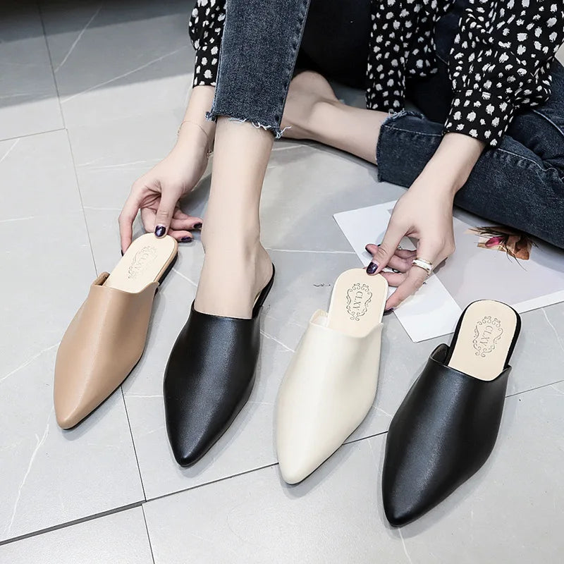 Women Spring Summer Slippers Mules Soft Leather Pointed Toe Slip On Sandalias Soild Mature Fashion Casual Low-heeled Shoes Mujer