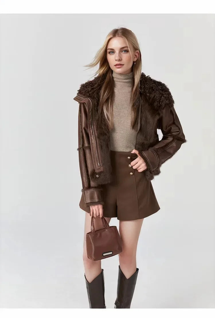 2024 Winter Short Style Fur Women Sheepskin Jacket Tanned Suede Luxury With 100%Natural Rabbit Lining Luxury Fashion Fur Coat - reetell