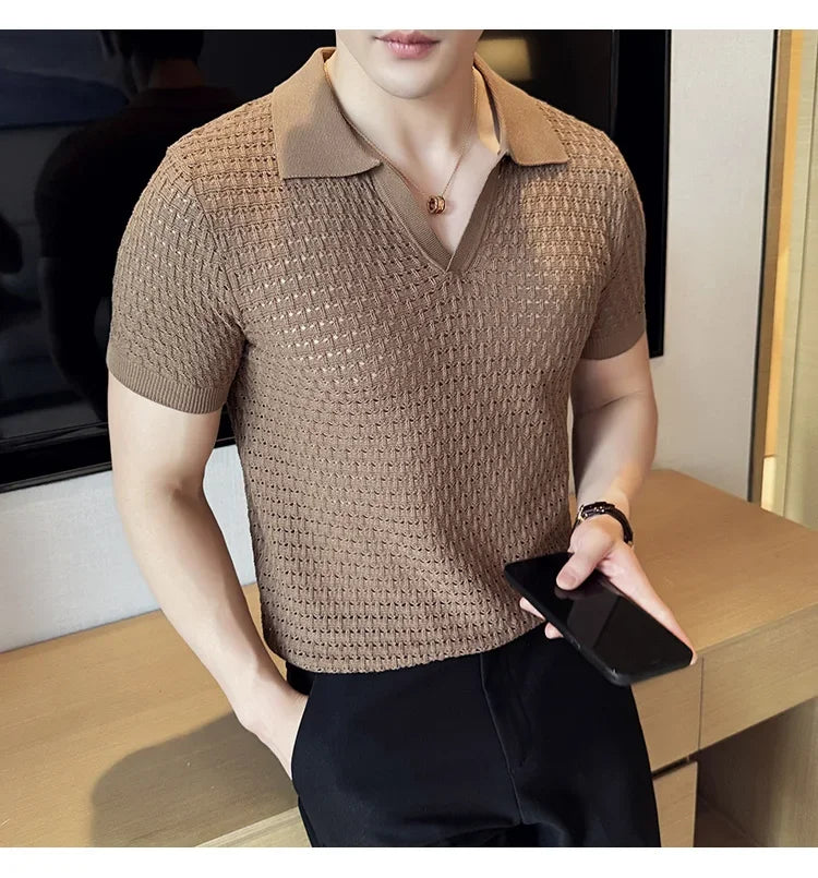 Men's Polo Shirt 2024 Summer New Light and Thin Knitted Hollow Solid Color Casual Short Sleeved V-neck T-shirt Men's Clothing