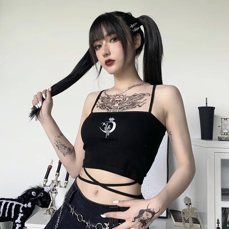 Gothic Women's Print Suspender Sleeveless Square Neck Slim Crop Top Sexy Halter Bottoming Shirt  Girls Party Wear - reetell