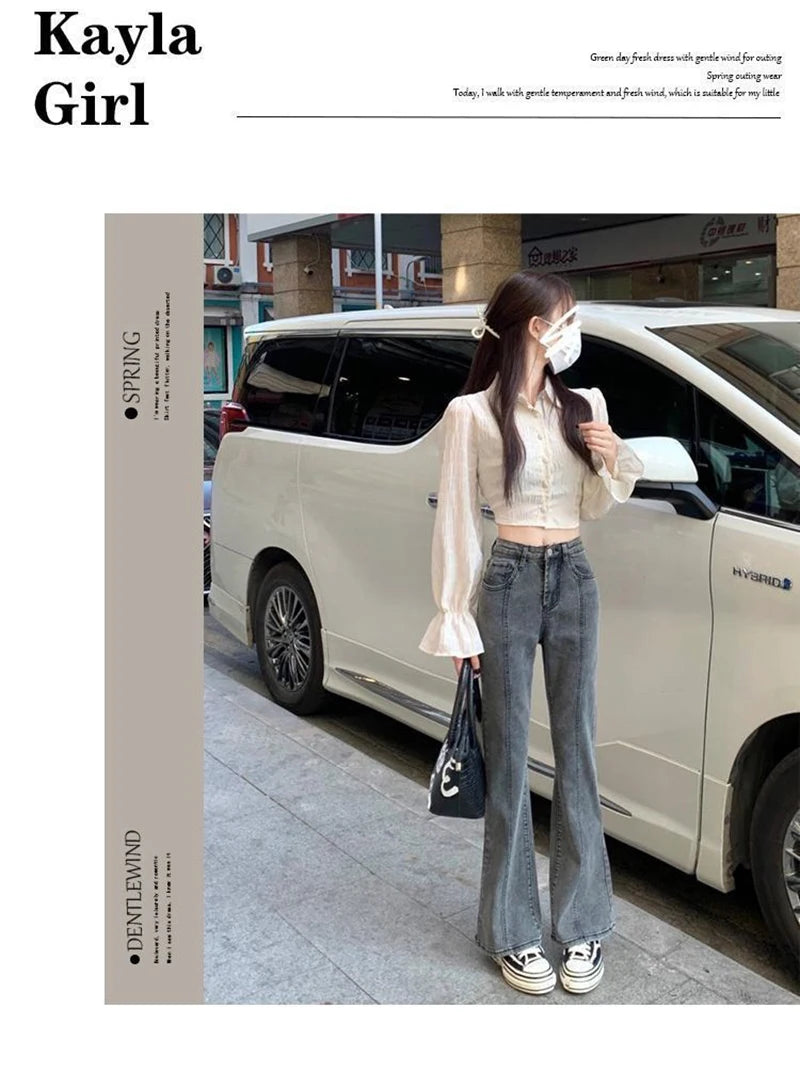 Vintage High Waist Flare Jeans High Street Women Boot Cut Denim Pant Slim Loose Korean Casual Button Up Zippers Gray Trousers - reetell