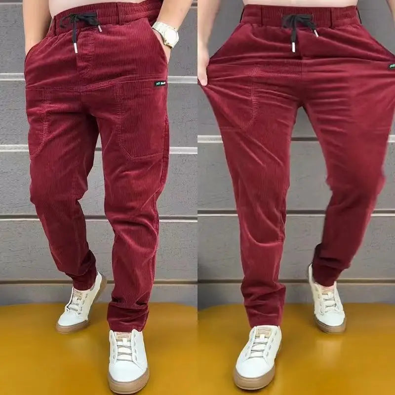 Corduroy Cargo Trousers Men's Simple Loose American Retro Casual Elastic Work Splicing Multiple Pockets Rib Leg Jogging Pants - reetell