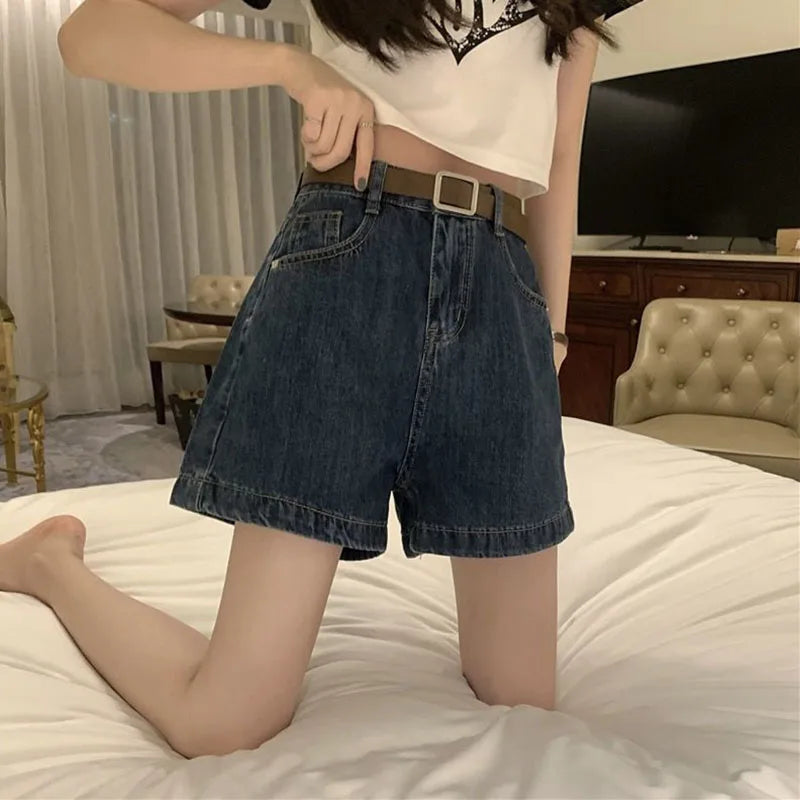 Lucyever High Waist Denim Shorts Women Summer New Washed Retro Jeans Shorts Female Korean Fashion Loose Wide Leg Short Pants - reetell