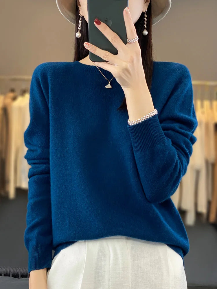 100% Merino Wool Sweater Women  Cashmere Pullover Knitwear Autumn Winter O-neck Solid Color Fashion Basic Female Clothes Tops - reetell