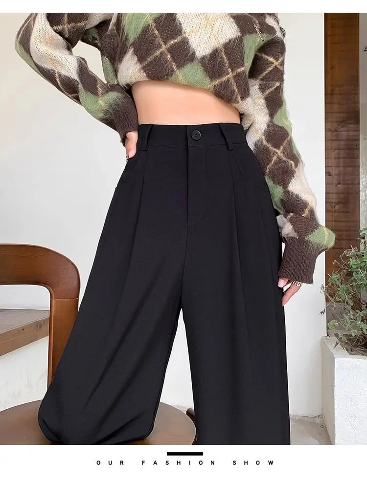 Fashion High Waist Wide Leg Pants Women Spring Fall Baggy Black Trouser Office Ladies Full Length Straight Suit Pant Outwear New - reetell