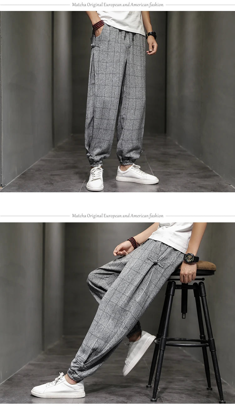 Cotton Linen Pants for Men New Trend Disc Buckle Hallen Pants Man Spring Summer Comfortable Breathable Casual Pants