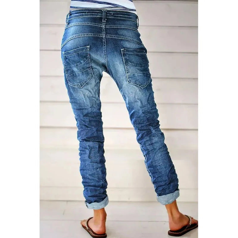 Midiross Vintage Button Fly Stitch Trim Low Waist Blue Jeans for Women 2023 New Fashion Black Jeans - reetell