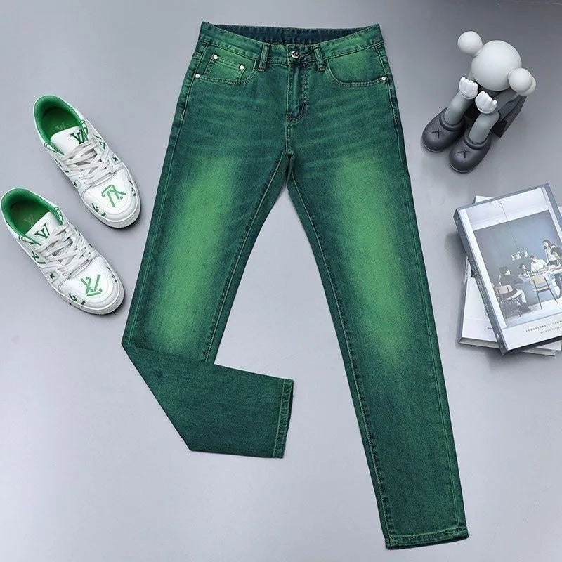 2024 Spring and Autumn New Fashion Trend Straight Leg Stretch Green Jeans Men's Casual Comfort Breathable High Quality Pants - reetell