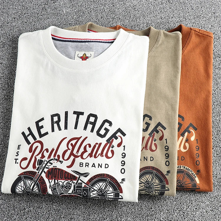 Vintage cotton short sleeve T-shirt Men's Motorcycle Print Summer May Khaki Youth half sleeve tee