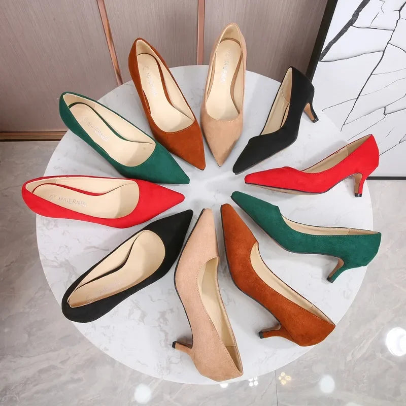 Low Heel Pumps Lady Pointed Toe Kitten Heels Female Green Flock Plus Size 43 44 45 46 Red Shoes 2023 Women 5cm High Heels