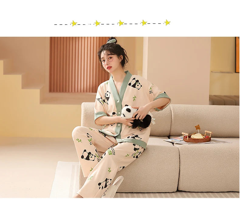 Women Clothing M-5XL Summer Cotton Panda Pajama Casual Short Sleeve Kimono Cardigan Sleepwear Cartoon Nightwear Woman Loungewear