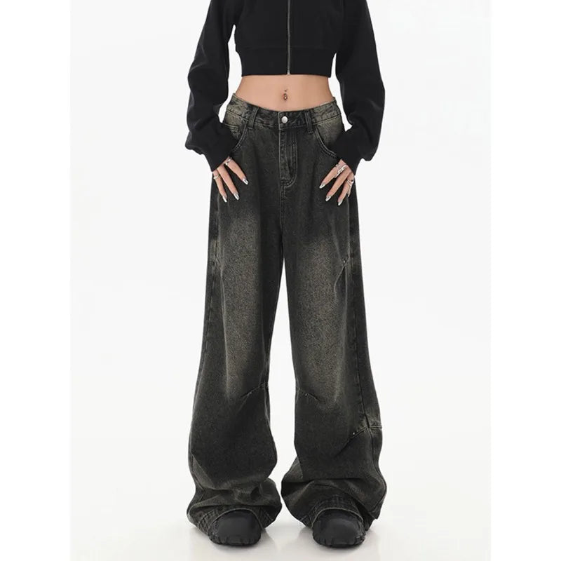 Deeptown Y2k Vintage Black Jeans Women Streetwear Baggy Denim Pants Wide Leg Harajuku Korean Trousers Goth Spring 2024 American - reetell