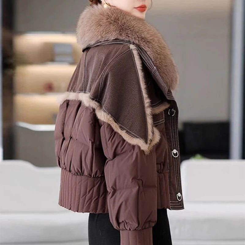 Women's Winter Down Jacket Sheepskin Fabric Fur V-Neck Rabbit Fur Lining Fur Coat Women Warm And Fashionable Jacket - reetell