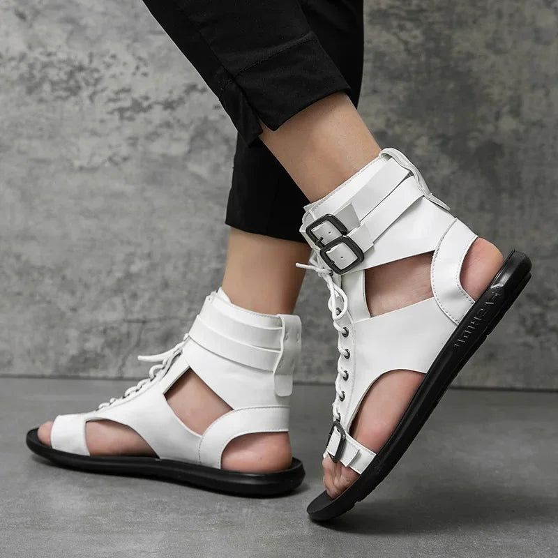 Summer New Men Gladiators Lace Up Buckle Leather Casual Shoes Breathable Beach Sandals Outdoor Slippers Black White Plus Size