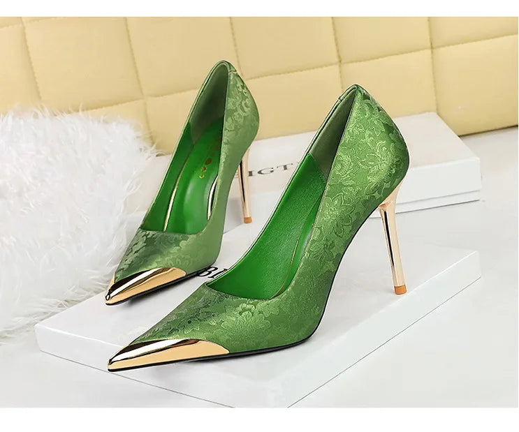 BIGTREE Shoes Metal Pointed End Women Pumps Silks Satins High Heels Ethnic Style Women Stilettos Heels 10 Cm Banquet High Heels