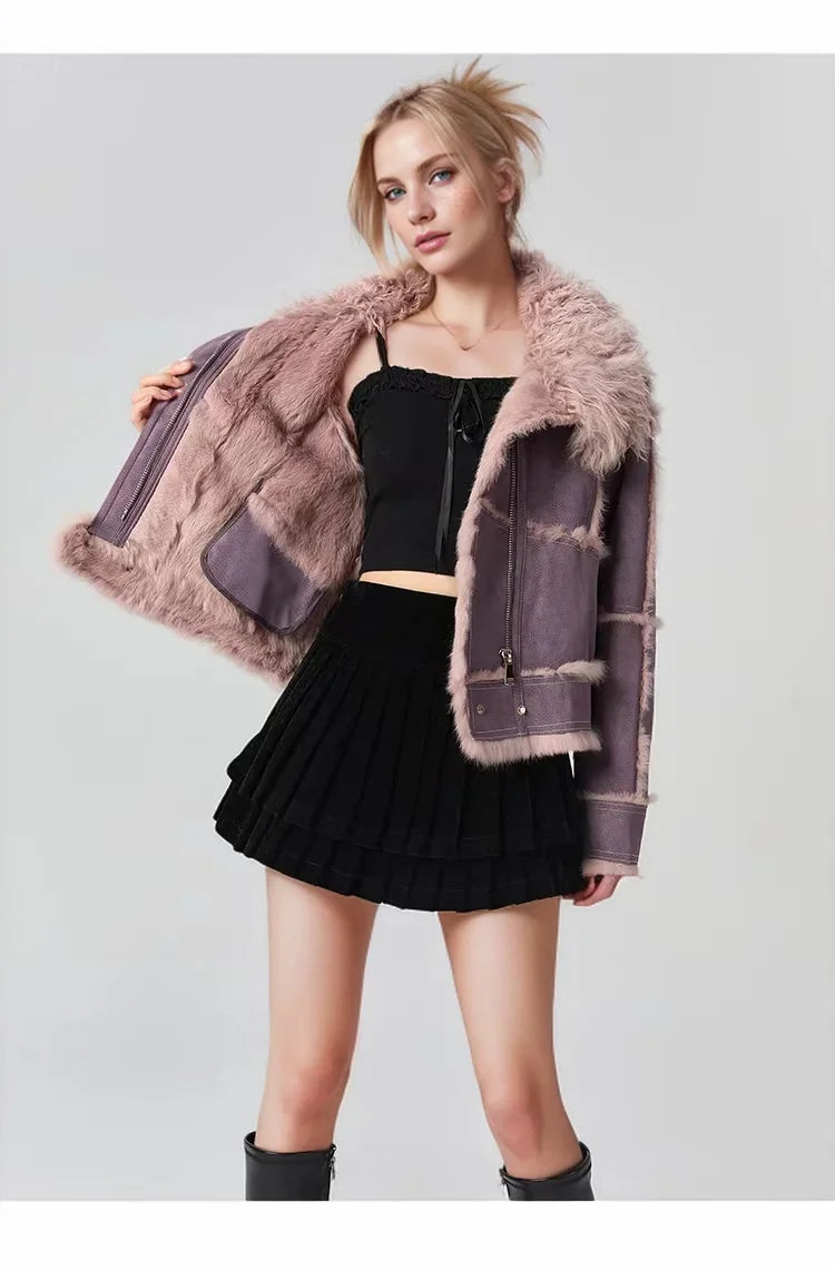 2024 Winter Short Style Fur Women Sheepskin Jacket Tanned Suede Luxury With 100%Natural Rabbit Lining Luxury Fashion Fur Coat - reetell