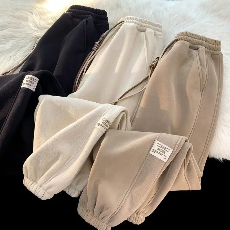 Plush Velvet and Thickening Women Trousers Winter Clothes Street Casual Pockets Splicing Drawstring High Waist Loose Sweatpants - reetell