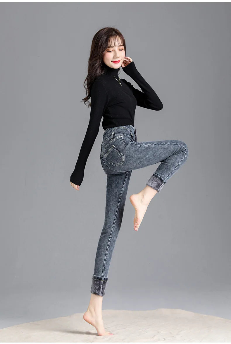 Thermal Winter Thick Fleece High-waist Warm Skinny Jeans Thick Women Stretch Button Pencil Pants Mom Casual Velvet Jeans - reetell