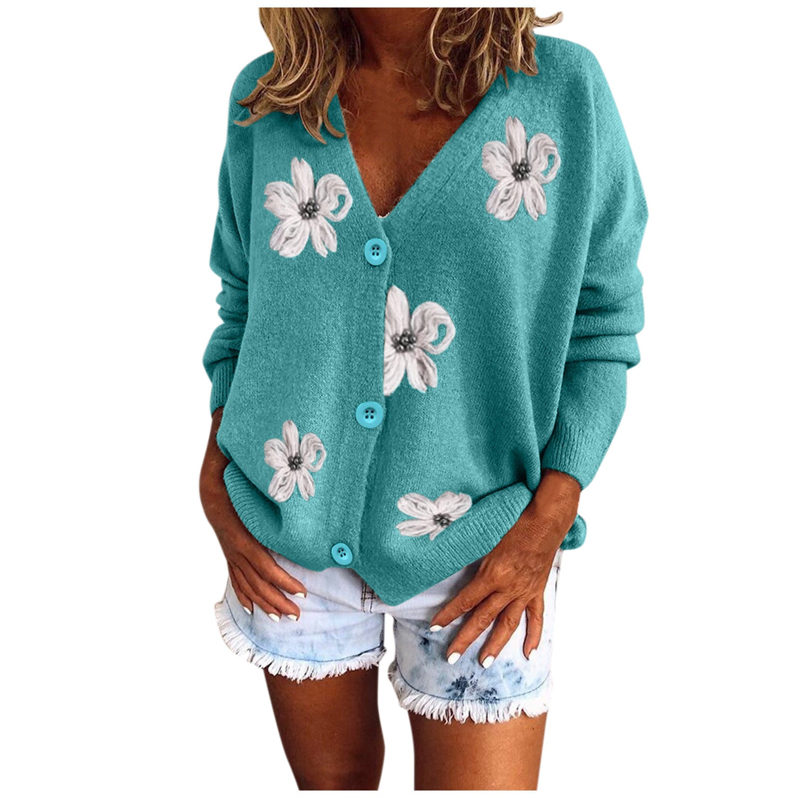 Women Cardigan Daisy Embroidery Knitted Sweater Single Breasted Full Sleeve V-Neck Autumn Outwear Green Cardigan Floral Pattern - reetell