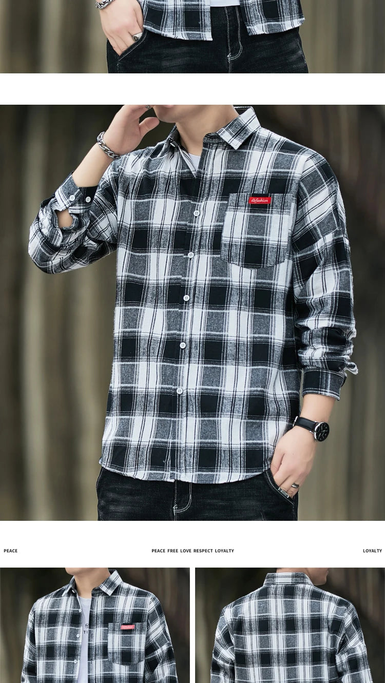 Autumn New Casual Men's Flannel Plaid Shirt Brand Male Business Office Red Black Checkered Long Sleeve Shirts Clothes