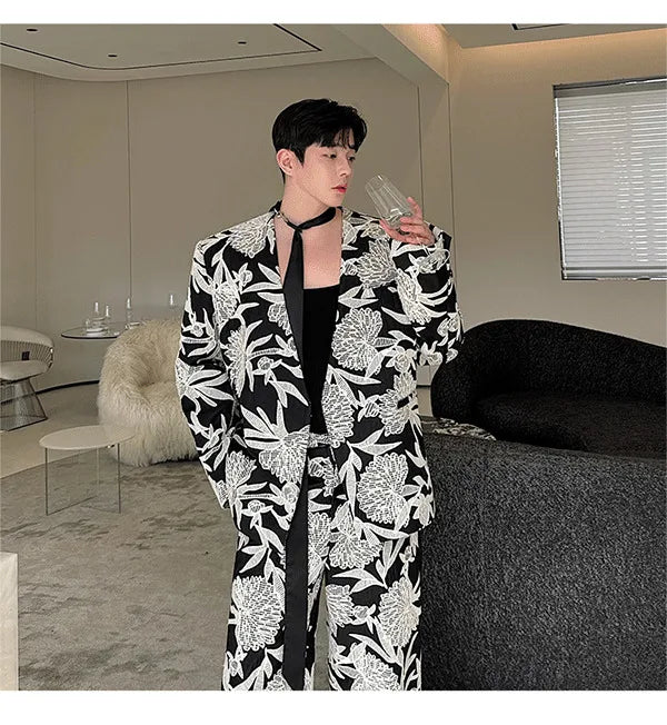 IEFB Niche Design Men's Two-piece Collarless Embroidery Blazer Loose Straight Suit Pants Contrast Color Male Sets New 9C7485 - reetell