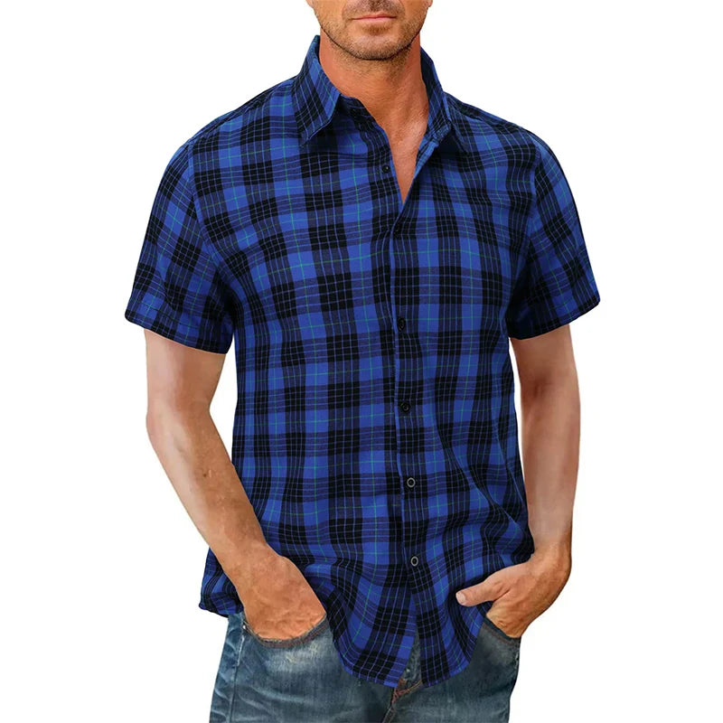 2023 New Men Casual Plaid Flannel Shirt Short Sleeved Chest With Pocket Design Fashion Printed-Button (USA SIZE S M L XL 2XL)