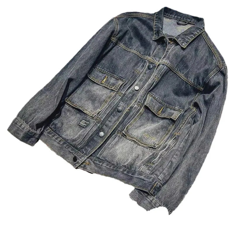 High Quality Men's Denim Jacket Pockets Decors Fashion Spring Autumn Jacket Coat Trendy Retro Style Loose Fit Denim Clothes Top