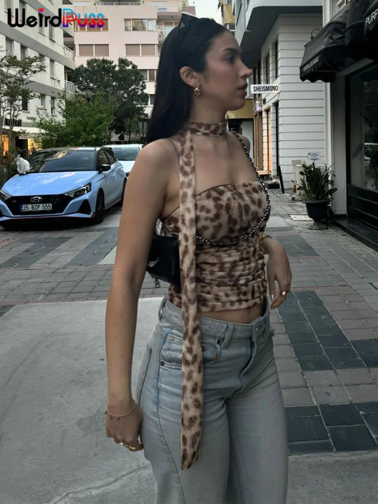 Weird Puss Leopard Print Crop Tops Woman Summer Strapless Ruffles Scarf Collar Trend Sexy Party Wild Chic Clubwear Skinny Vest - reetell