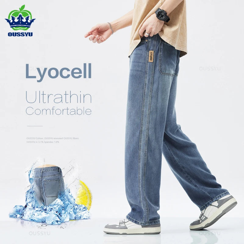 Spring Summer High Quality Soft Lyocell Fabric Jeans Men Thin Loose Wide Leg Pants Elastic Waist Casual Trousers Plus Size 28-40 - reetell