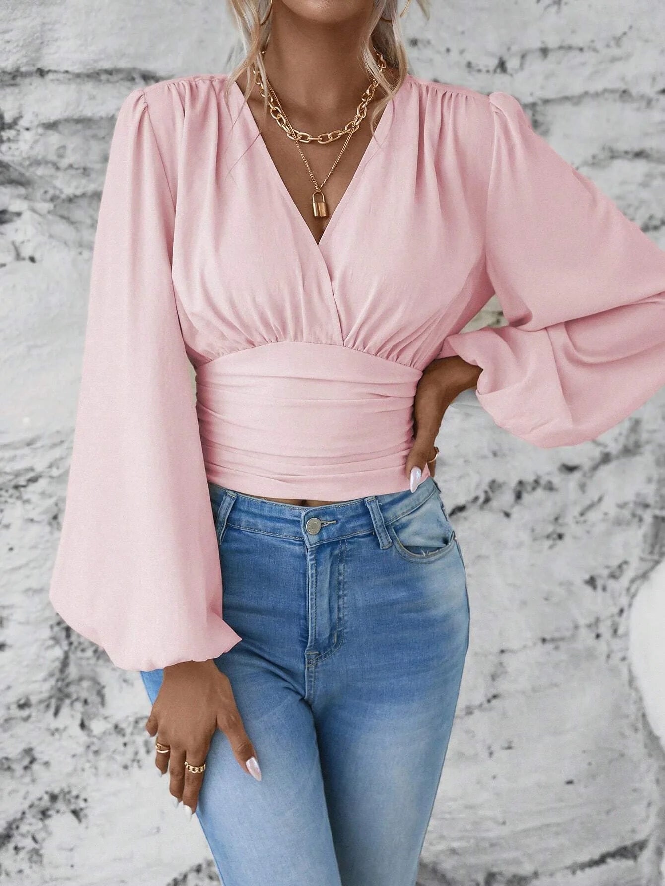 Elegant Lantern Sleeves Crop Top 2024 Spring Autumn New Fashion V-neck Solid Color Ruffled Women's Long Sleeved Black Blouse Y2K - reetell