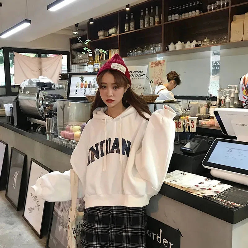 Autumn Thick Women Hoodies Fashion Loose Fake Two Piece Letter Printing Tops Harajuku Warm Preppy All Match Crop Sweatshirts - reetell