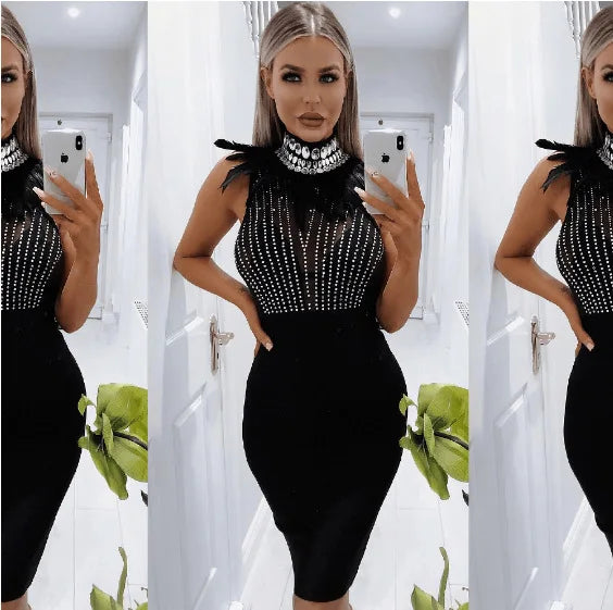 Party Evening Dress Sexy Elegant Hot Diamond Perspective High Neck Dress Nightclub Feather Sleeveless Luxury Y2k Short Skirt - reetell