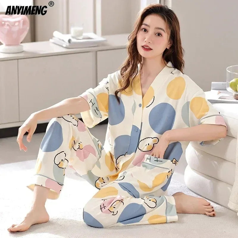 Women Clothing M-5XL Summer Cotton Panda Pajama Casual Short Sleeve Kimono Cardigan Sleepwear Cartoon Nightwear Woman Loungewear