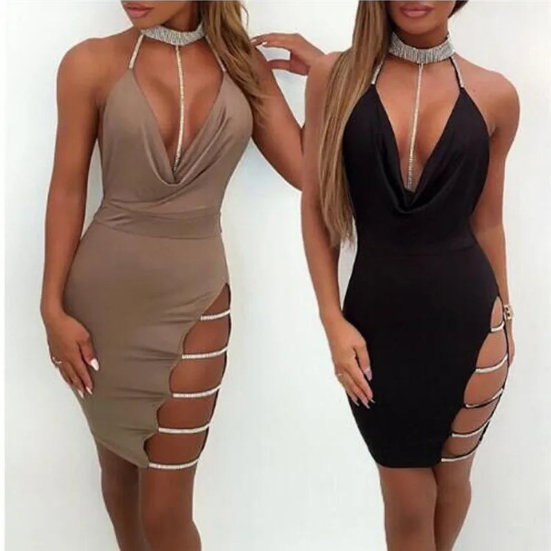 Sexy Deep V Neck Low-cut Side Split Silver Collar Bodycon Dress Women Elegant Backless Sleeveless Mini Dress Club Party Vestidos - reetell