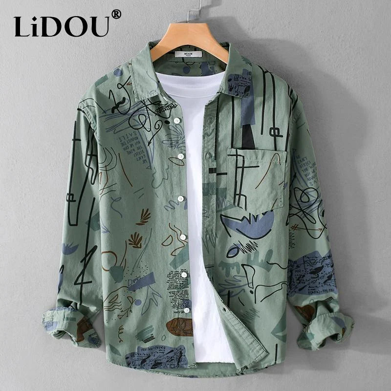 2023 Spring Autumn Turn-down Collar Shirt Man Fashion Single Breasted Long Sleeve Cardigan Men Vintage Graffiti Printing Coat - reetell