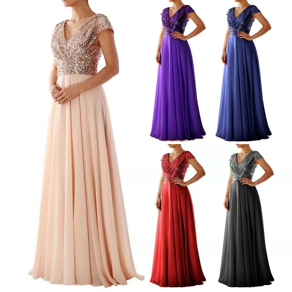 Popular Evening Dress Floor Length Dressing Up Soft Luxury Shiny Sequins Chiffon Splicing Bridesmaid Dress - reetell