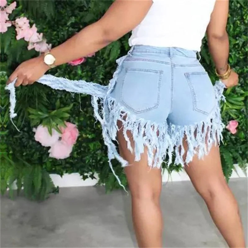 Fashion Tassel Splice Trouser Legs Denim Shorts Women High Waist Button Mini Jeans Female Casual Three Quarter Pants Streetwear - reetell