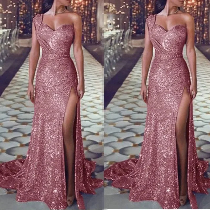 2024 Women's Wedding Party Dress Evening Elegant Sexy Deep V Neck One Shoulder Sleeveless Sequined Long Maxi Dresses For Women - reetell