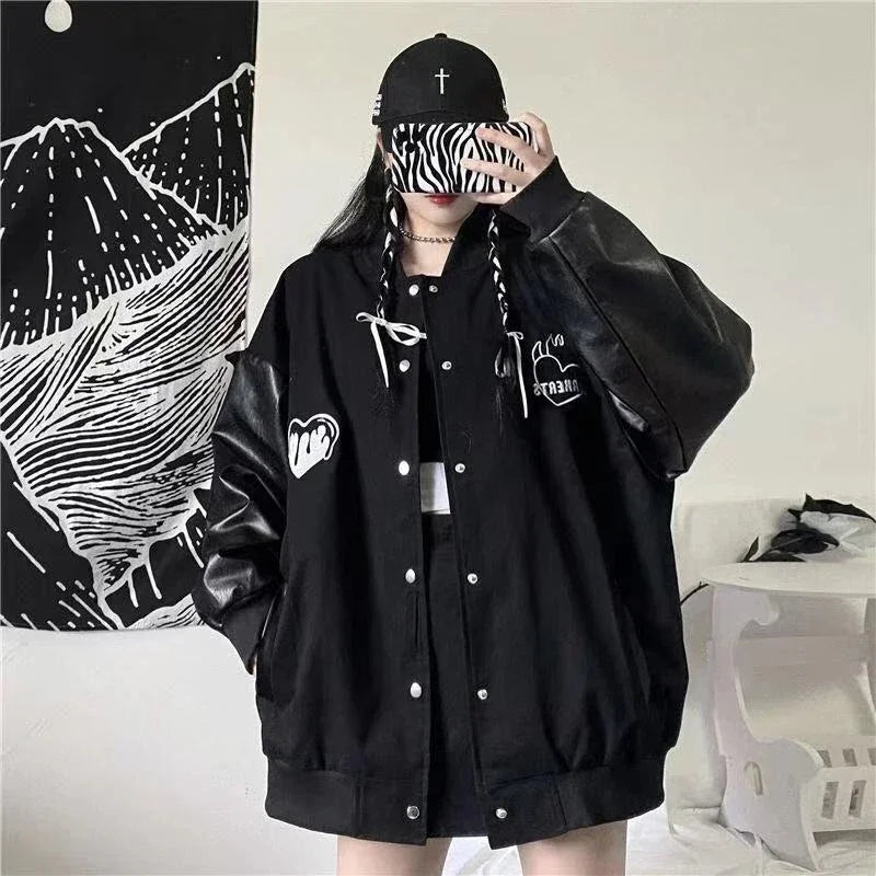 MEXZT Harajuku Black Coat Women Patchwork Bomber Jackets Bf Streetwear Korean Leather Print Oversized Casual Baseball Jacket