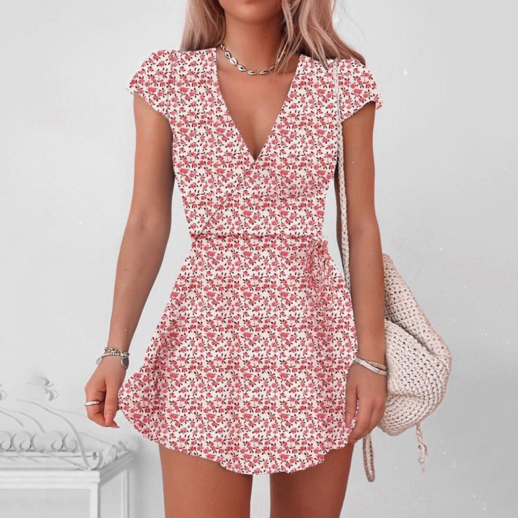 Summer European And American Women's Clothing Floral Skirt Print Floral Half V-Neck Mini Sleeve Dress Women's Dress - reetell